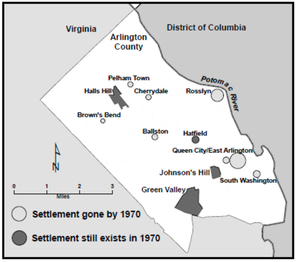 Map of Arlington County showing black settlements up to 1970. Settlements gone by 1970 are: Pelham Town, Cherrydale, Rosslyn, Brown's Bend, Ballston, Queen City/East Arlington, and South Washington. Settlements still in existence in 1970 are: Halls Hill, Hatfield, Johnson's Hill, and Green Valley.